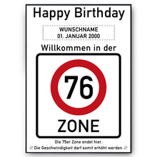 Laden Sie das Bild in den Galerie-Viewer, 76. Geburtstag Geschenk personalisiert Verkehrszeichen Deko Geburtstagsgeschenk Happy Birthday Geburtstagskarte