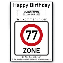 Laden Sie das Bild in den Galerie-Viewer, 77. Geburtstag Geschenk personalisiert Verkehrszeichen Deko Geburtstagsgeschenk Happy Birthday Geburtstagskarte