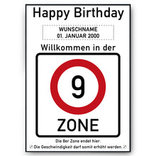 Laden Sie das Bild in den Galerie-Viewer, 9. Geburtstag Geschenk personalisiert Verkehrszeichen Deko Geburtstagsgeschenk Happy Birthday Geburtstagskarte