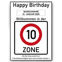 Laden Sie das Bild in den Galerie-Viewer, 10. Geburtstag Geschenk personalisiert Verkehrszeichen Deko Geburtstagsgeschenk Happy Birthday Geburtstagskarte