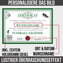 Laden Sie das Bild in den Galerie-Viewer, Fußball Urkunde personalisiert – Lustiges Geschenk für Fußballspieler Fußballer Geschenkidee Auszeichnung Turnier Fußball Deko