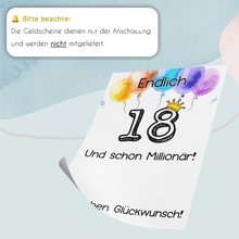 Laden Sie das Bild in den Galerie-Viewer, Geldgeschenk 18. Geburtstag Jungen Mädchen Lustiges Geburtstagsgeschenk Witzige Geschenkidee Geld verschenken Sohn Tochter 18 Jahre Geschenk