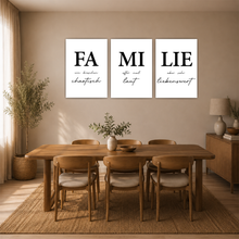 Laden Sie das Bild in den Galerie-Viewer, Familie Poster 3er Set Spruch Wandbilder Schwarz Weiß Wohnzimmer