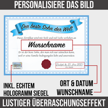 Laden Sie das Bild in den Galerie-Viewer, Bester Sohn Geschenk personalisiert Geburtstag Poster Zertifikat Urkunde Sohn personalisierte Geschenkidee