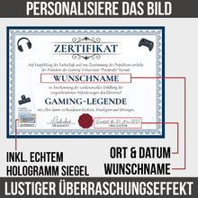 Laden Sie das Bild in den Galerie-Viewer, Lustiges Gamer Geschenk personalisiert Geburtstag Zocker Poster Zertifikat Gaming Geschenkidee für Zocker