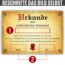 Laden Sie das Bild in den Galerie-Viewer, Ruhestand Urkunde Personalisiertes Geschenk zur Rente Abschiedsgeschenk Rentner