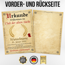 Laden Sie das Bild in den Galerie-Viewer, 73. Geburtstag Urkunde personalisiert ALTER SACK Geschenk Mann Club der alten Säcke Geburtstagskarte Deko Bild