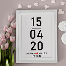 Laden Sie das Bild in den Galerie-Viewer, Partner Poster Personalisiert Datum Namen Ort Jahrestag Geschenk zum Hochzeitstag