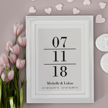 Laden Sie das Bild in den Galerie-Viewer, Partner Poster Personalisiert Koordinaten Datum Namen Jahrestag Geschenk zur Hochzeit

