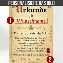 Laden Sie das Bild in den Galerie-Viewer, Beste Tochter Urkunde personalisiert persönliches Eltern Tochter Geschenk personalisierte Geschenkidee Tochter Geburtstag
