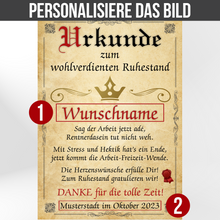 Laden Sie das Bild in den Galerie-Viewer, Ruhestand Urkunde personalisiert Rente persönliches Abschiedsgeschenk Kollegen personalisierte Geschenkidee zum Ruhestand