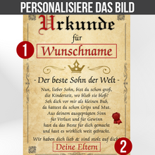 Laden Sie das Bild in den Galerie-Viewer, Bester Sohn Urkunde personalisiert persönliches Eltern Sohn Geschenk personalisierte Geschenkidee Sohn Geburtstag