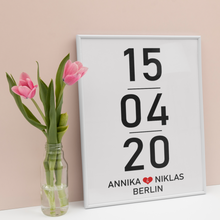 Laden Sie das Bild in den Galerie-Viewer, Partner Poster Personalisiert Datum Namen Ort Jahrestag Geschenk zum Hochzeitstag