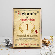 Laden Sie das Bild in den Galerie-Viewer, Personalisierte Urkunde zum 1. Hochzeitstag Geschenk Papierhochzeit Karte 1. Jahrestag