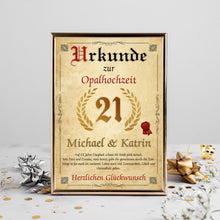 Laden Sie das Bild in den Galerie-Viewer, Personalisierte Urkunde zum 21. Hochzeitstag Geschenk Opalhochzeit Karte 21. Jahrestag
