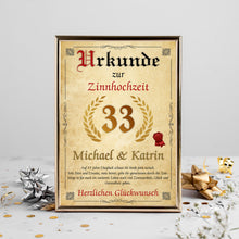 Laden Sie das Bild in den Galerie-Viewer, Personalisierte Urkunde zum 33. Hochzeitstag Geschenk Zinnhochzeit Karte 33. Jahrestag