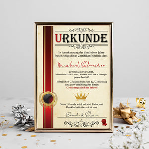 12. Geburtstag Geschenk personalisierte Urkunde | Jahrgang 2012 Geschenkidee