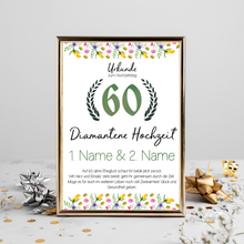 Laden Sie das Bild in den Galerie-Viewer, 60. Hochzeitstag personalisiertes Geschenk Urkunde zur Diamantenen Hochzeit Deko