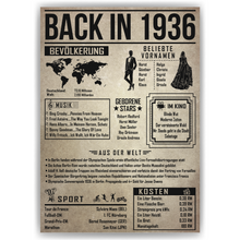 Laden Sie das Bild in den Galerie-Viewer, 90. Geburtstag Geschenkidee personalisierbar | Poster Jahrgang 1936 Geschenk | Back in 1936 Rückblick