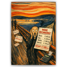 Laden Sie das Bild in den Galerie-Viewer, Der Schrei Parodie Poster – Lustige Wanddeko mit Rechnung & Geld Stress, Humorvolles Kunst Poster über hohe Kosten, Geschenk Idee für Büro & Wohnzimmer