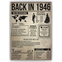 Laden Sie das Bild in den Galerie-Viewer, 80. Geburtstag Geschenkidee personalisierbar | Poster Jahrgang 1946 Geschenk | Back in 1946 Rückblick