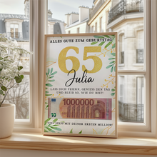 Laden Sie das Bild in den Galerie-Viewer, Personalisiertes Geldgeschenk zum 65. Geburtstag Geld Geschenkidee personalisierbar Geburtstagskarte