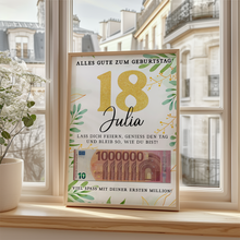 Laden Sie das Bild in den Galerie-Viewer, Personalisiertes Geldgeschenk zum 18. Geburtstag Geld Geschenkidee personalisierbar Geburtstagskarte