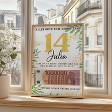 Laden Sie das Bild in den Galerie-Viewer, Personalisiertes Geldgeschenk zum 14. Geburtstag Geld Geschenkidee personalisierbar Geburtstagskarte