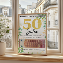 Laden Sie das Bild in den Galerie-Viewer, Personalisiertes Geldgeschenk zum 50. Geburtstag Geld Geschenkidee personalisierbar Geburtstagskarte