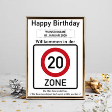 Laden Sie das Bild in den Galerie-Viewer, 20. Geburtstag Geschenk personalisiert Verkehrszeichen Deko Geburtstagsgeschenk Happy Birthday Geburtstagskarte