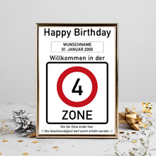 Laden Sie das Bild in den Galerie-Viewer, 4. Geburtstag Geschenk personalisiert Verkehrszeichen Deko Geburtstagsgeschenk Happy Birthday Geburtstagskarte