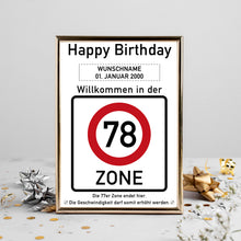 Laden Sie das Bild in den Galerie-Viewer, 78. Geburtstag Geschenk personalisiert Verkehrszeichen Deko Geburtstagsgeschenk Happy Birthday Geburtstagskarte