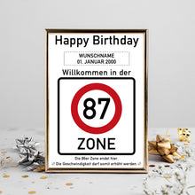 Laden Sie das Bild in den Galerie-Viewer, 87. Geburtstag Geschenk personalisiert Verkehrszeichen Deko Geburtstagsgeschenk Happy Birthday Geburtstagskarte