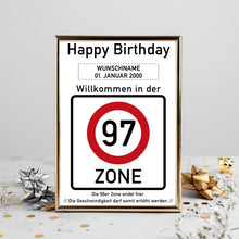 Laden Sie das Bild in den Galerie-Viewer, 97. Geburtstag Geschenk personalisiert Verkehrszeichen Deko Geburtstagsgeschenk Happy Birthday Geburtstagskarte