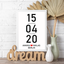 Laden Sie das Bild in den Galerie-Viewer, Partner Poster Personalisiert Datum Namen Ort Jahrestag Geschenk zum Hochzeitstag