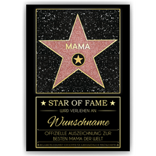 Laden Sie das Bild in den Galerie-Viewer, Mama Star of Fame Hollywood personalisierte Urkunde inkl. Rahmen Personalisiertes Geschenk zum Muttertag Geburtstag