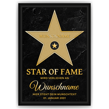 Laden Sie das Bild in den Galerie-Viewer, Personalisiertes Star of Fame Poster Gold Design – Hollywood Stern mit Name – Wunschtext & Datum – Edles Geschenk Geburtstag, Jubiläum, Auszeichnung