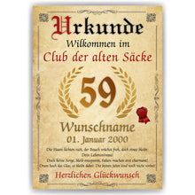 Laden Sie das Bild in den Galerie-Viewer, 59. Geburtstag Urkunde personalisiert ALTER SACK Geschenk Mann Club der alten Säcke Geburtstagskarte Deko Bild