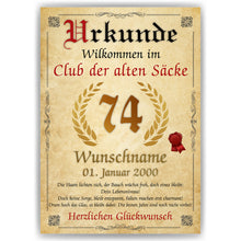 Laden Sie das Bild in den Galerie-Viewer, 74. Geburtstag Urkunde personalisiert ALTER SACK Geschenk Mann Club der alten Säcke Geburtstagskarte Deko Bild