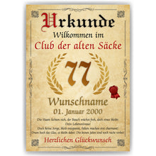 Laden Sie das Bild in den Galerie-Viewer, 77. Geburtstag Urkunde personalisiert ALTER SACK Geschenk Mann Club der alten Säcke Geburtstagskarte Deko Bild