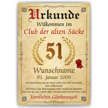 Laden Sie das Bild in den Galerie-Viewer, 51. Geburtstag Urkunde personalisiert ALTER SACK Geschenk Mann Club der alten Säcke Geburtstagskarte Deko Bild
