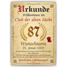 Laden Sie das Bild in den Galerie-Viewer, 87. Geburtstag Urkunde personalisiert ALTER SACK Geschenk Mann Club der alten Säcke Geburtstagskarte Deko Bild