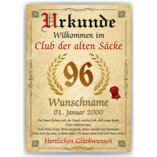 Laden Sie das Bild in den Galerie-Viewer, 96. Geburtstag Urkunde personalisiert ALTER SACK Geschenk Mann Club der alten Säcke Geburtstagskarte Deko Bild