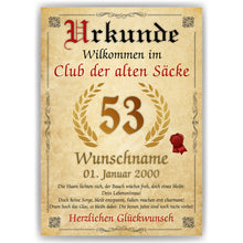 Laden Sie das Bild in den Galerie-Viewer, 53. Geburtstag Urkunde personalisiert ALTER SACK Geschenk Mann Club der alten Säcke Geburtstagskarte Deko Bild