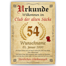 Laden Sie das Bild in den Galerie-Viewer, 54. Geburtstag Urkunde personalisiert ALTER SACK Geschenk Mann Club der alten Säcke Geburtstagskarte Deko Bild