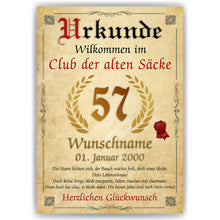 Laden Sie das Bild in den Galerie-Viewer, 57. Geburtstag Urkunde personalisiert ALTER SACK Geschenk Mann Club der alten Säcke Geburtstagskarte Deko Bild