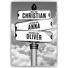 Laden Sie das Bild in den Galerie-Viewer, Personalisiertes Familienposter Straßenschild – Wegweiser Design mit Namen & Geburtsdaten – Wandbild personalisiert – Geschenk für Familie, Eltern, Mama & Papa