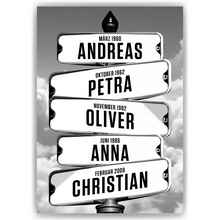 Laden Sie das Bild in den Galerie-Viewer, Personalisiertes Familienposter Straßenschild – Wegweiser Design mit Namen & Geburtsdaten – Wandbild personalisiert – Geschenk für Familie, Eltern, Mama & Papa