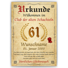 Laden Sie das Bild in den Galerie-Viewer, 61. Geburtstag Urkunde personalisiert ALTE SCHACHTEL Geschenk Frau Geburtstagskarte Deko Bild