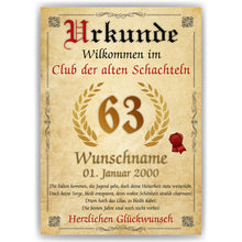 Laden Sie das Bild in den Galerie-Viewer, 63. Geburtstag Urkunde personalisiert ALTE SCHACHTEL Geschenk Frau Geburtstagskarte Deko Bild